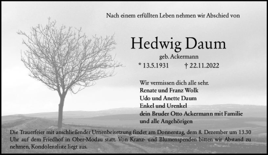 Traueranzeige von Hedwig Daum von vrm-trauer Darmstädter Echo