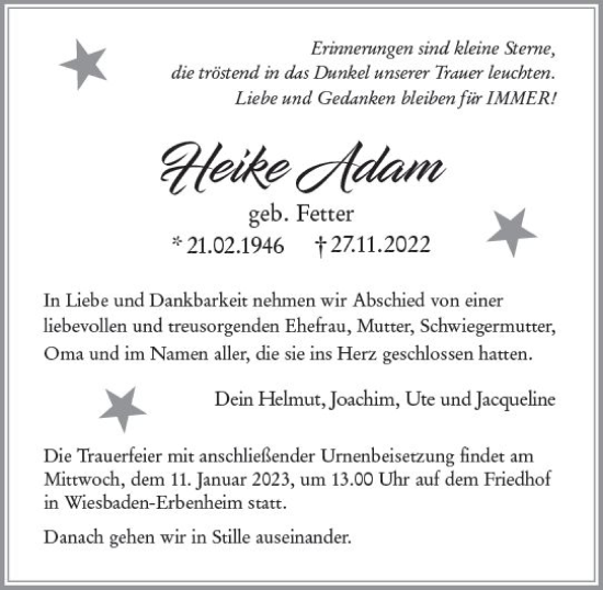 Traueranzeige von Heike Adam von vrm-trauer Wiesbadener Kurier