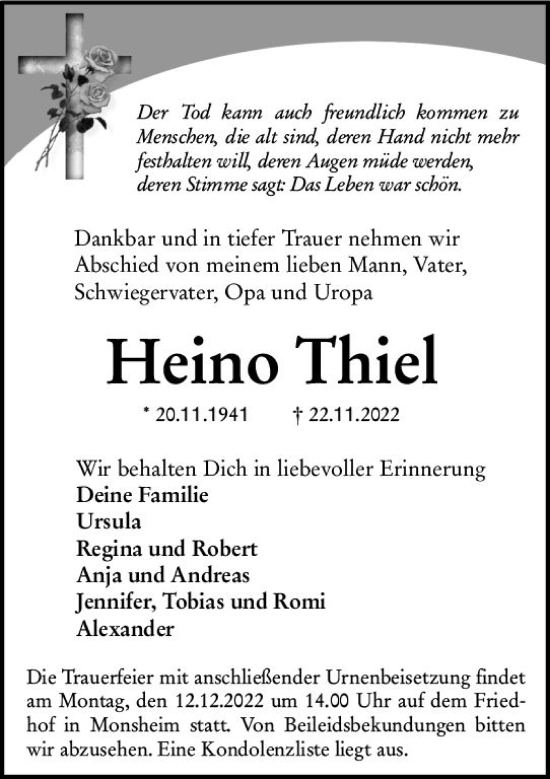 Traueranzeige von Heino Thiel von vrm-trauer Wormser Zeitung