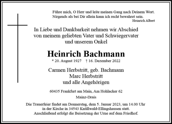 Traueranzeige von Heinrich Bachmann von vrm-trauer AZ Mainz