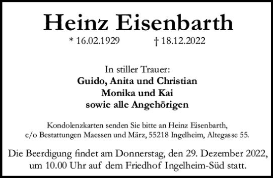 Traueranzeige von Heinz Eisenbarth von vrm-trauer Allgemeine  Zeitung Ingelheim-Bingen