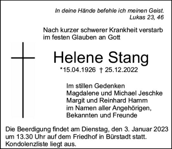Traueranzeige von Helene Stang von vrm-trauer Bürstädter/Lamperth. Ztg/Starkenburger