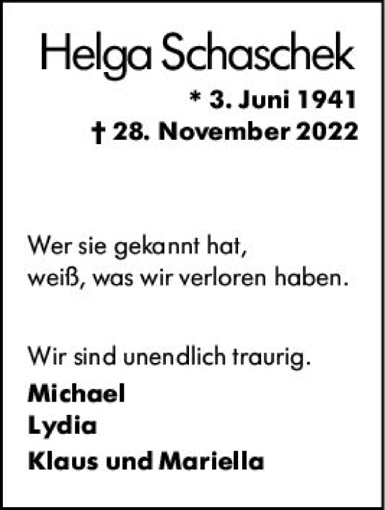 Traueranzeige von Helga Schaschek von vrm-trauer AZ Mainz