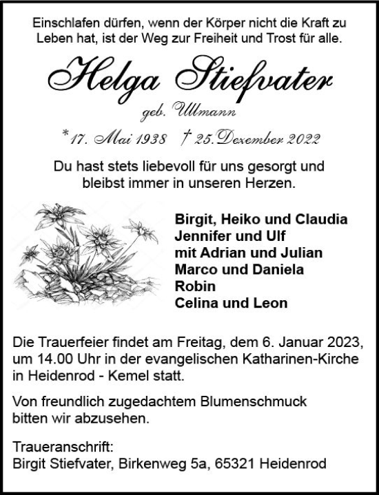 Traueranzeige von Helga Stiefvater von vrm-trauer Wiesbadener Kurier