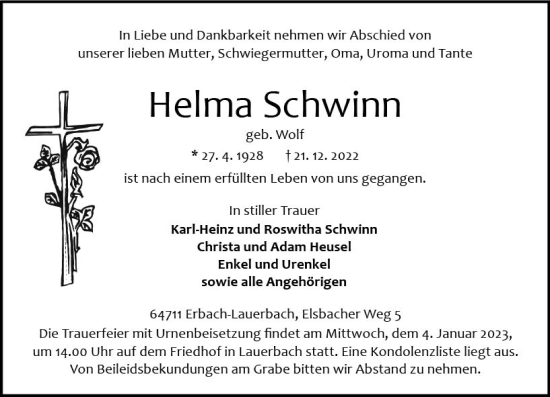 Traueranzeige von Helma Schwinn von vrm-trauer Odenwälder Echo