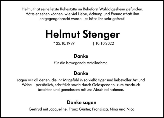 Traueranzeige von Helmut Stenger von vrm-trauer Allg. Zeitung Bad Kreuznach