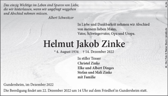 Traueranzeige von Helmut Jakob Zinke von vrm-trauer Wormser Zeitung