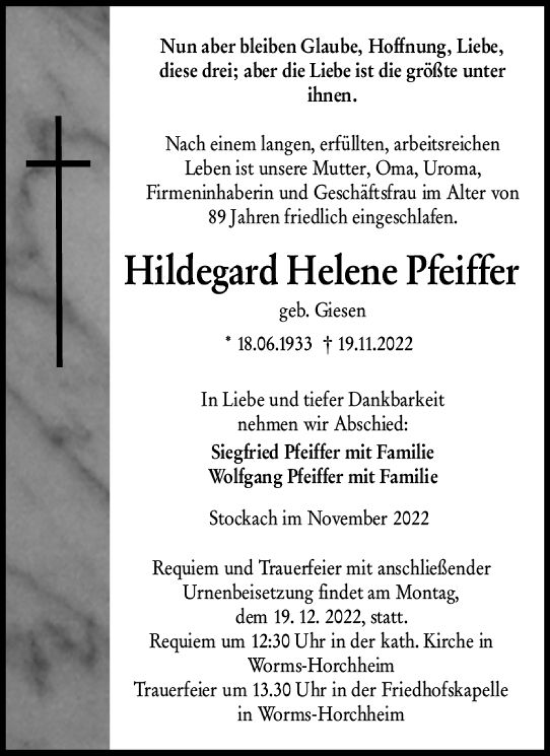 Traueranzeige von Hildegard Helene Pfeiffer von vrm-trauer Wormser Zeitung