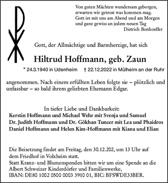 Traueranzeige von Hiltrud Hoffmann von vrm-trauer Wormser Zeitung