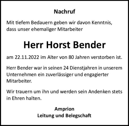 Traueranzeige von Horst Bender von vrm-trauer Wormser Zeitung