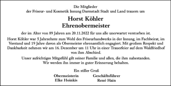 Traueranzeige von Horst Köhler von vrm-trauer Darmstädter Echo