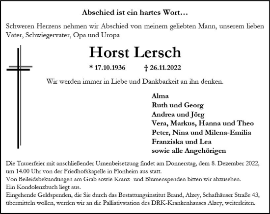 Traueranzeige von Horst Lersch von vrm-trauer Allgemeine Zeitung Alzey