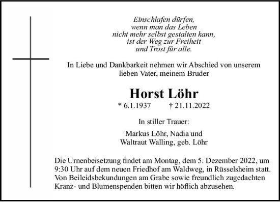 Traueranzeige von Horst Löhr von vrm-trauer Rüsselsheimer Echo / MainSpitze