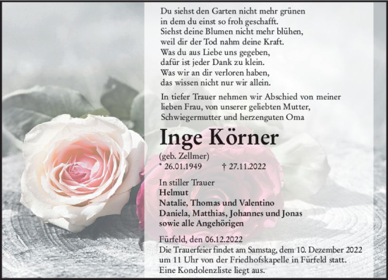 Traueranzeige von Inge Körner von vrm-trauer Allgemeine Zeitung Alzey