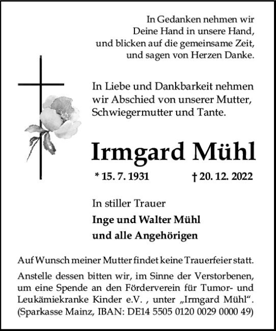 Traueranzeige von Irmgard Mühl von vrm-trauer AZ Mainz