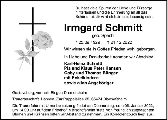 Traueranzeige von Irmgard Schmitt von vrm-trauer Allgemeine  Zeitung Ingelheim-Bingen