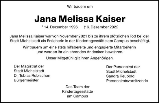 Traueranzeige von Jana Melissa Kaiser von vrm-trauer Odenwälder Echo