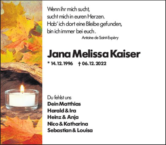 Traueranzeige von Jana Melissa Kaiser von vrm-trauer Odenwälder Echo