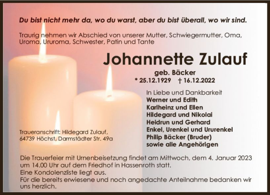 Traueranzeige von Johannette Zulauf von vrm-trauer Odenwälder Echo