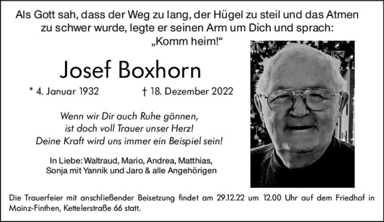 Traueranzeige von Josef Boxhorn von vrm-trauer AZ Mainz