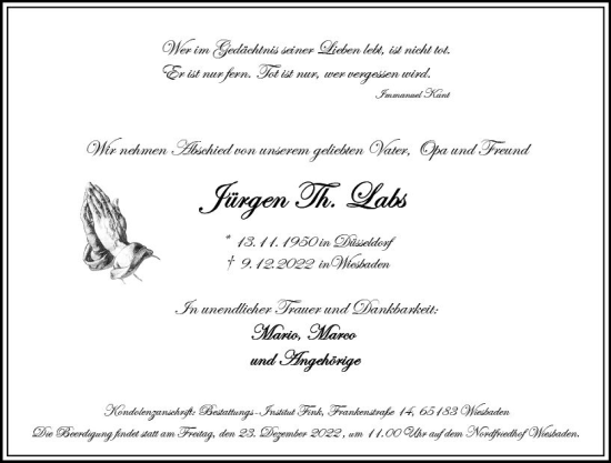 Traueranzeige von Jürgen Labs von vrm-trauer Wiesbadener Kurier