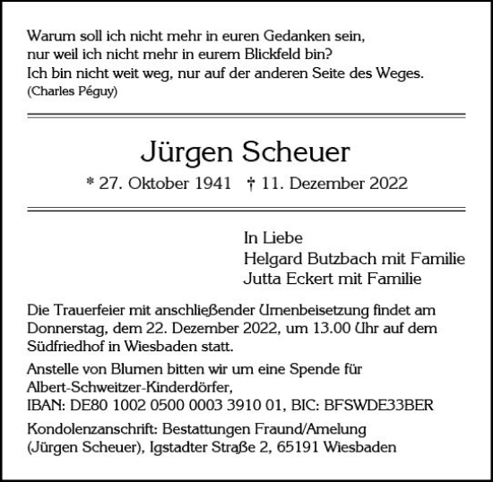 Traueranzeige von Jürgen Scheuer von vrm-trauer Wiesbadener Kurier