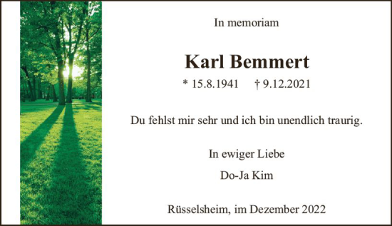 Traueranzeige von Karl Bemmert von vrm-trauer Rüsselsheimer Echo / MainSpitze