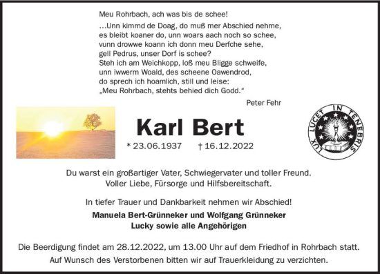 Traueranzeige von Karl Bert von vrm-trauer Darmstädter Echo