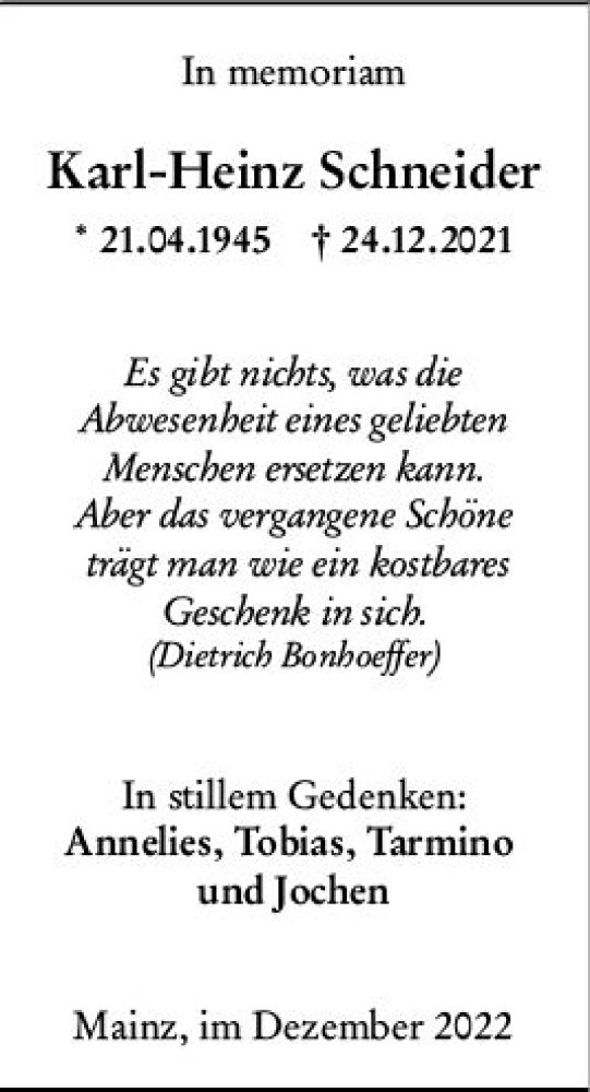 Traueranzeige von Karl-Heinz Schneider von vrm-trauer AZ Mainz