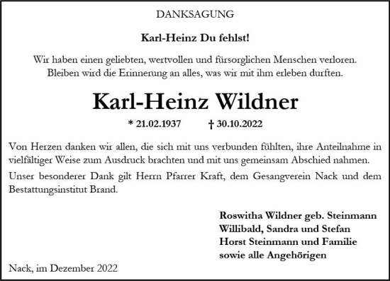 Traueranzeige von Karl-Heinz Wildner von vrm-trauer Allgemeine Zeitung Alzey