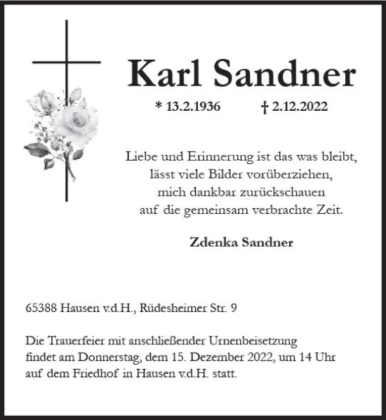 Traueranzeige von Karl Sandner von vrm-trauer WK-UTA