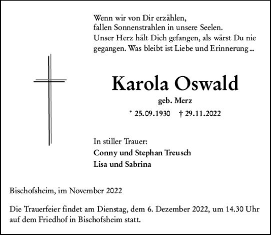 Traueranzeige von Karola Oswald von vrm-trauer Rüsselsheimer Echo / MainSpitze