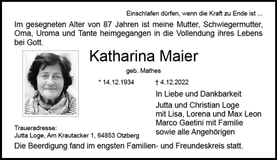 Traueranzeige von Katharina Maier von vrm-trauer DieburgerAnzeiger/Groß-Zimmerner Lokala