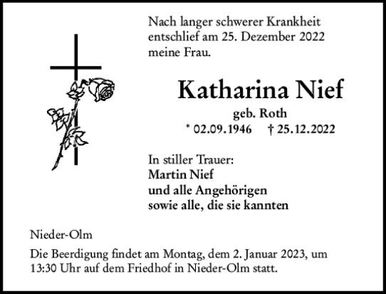 Traueranzeige von Katharina Nief von vrm-trauer AZ Mainz