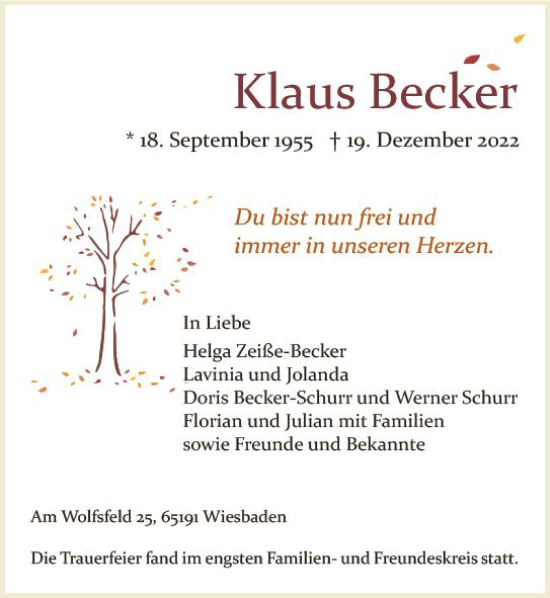 Traueranzeige von Klaus Becker von vrm-trauer Wiesbadener Kurier