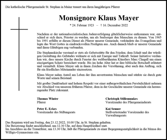 Traueranzeige von Klaus Mayer von vrm-trauer Allg. Zeitung Bad Kreuznach