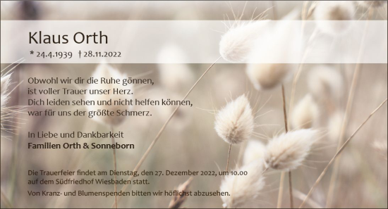 Traueranzeige von Klaus Orth von vrm-trauer Wiesbadener Kurier