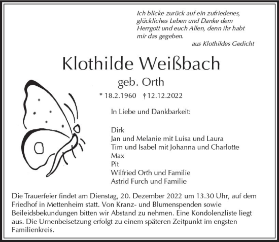 Traueranzeige von Klothilde Weißbach von vrm-trauer Wormser Zeitung