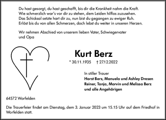 Traueranzeige von Kurt Berz von vrm-trauer Groß-Gerauer Echo