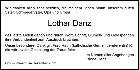 Traueranzeige von Lothar Danz von vrm-trauer DieburgerAnzeiger/Groß-Zimmerner Lokala