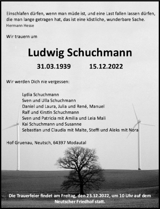 Traueranzeige von Ludwig Schuchmann von vrm-trauer Darmstädter Echo