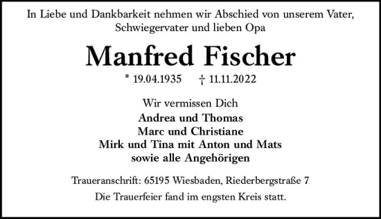 Traueranzeige von Manfred Fischer von vrm-trauer Wiesbadener Kurier