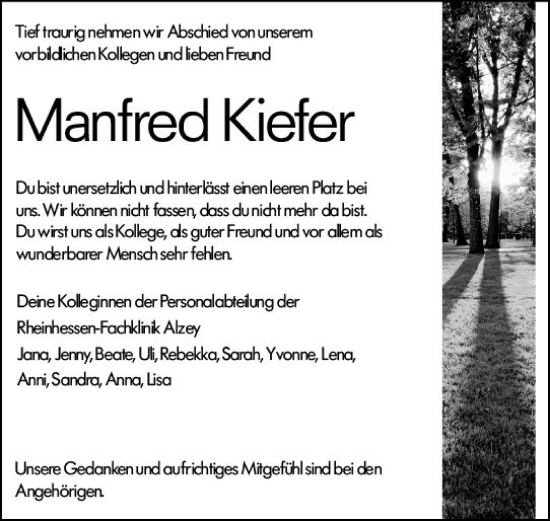 Traueranzeige von Manfred Kiefer von vrm-trauer Allgemeine Zeitung Alzey