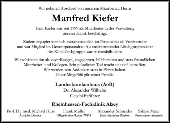 Traueranzeige von Manfred Kiefer von vrm-trauer Allgemeine Zeitung Alzey
