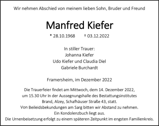 Traueranzeige von Manfred Kiefer von vrm-trauer Allgemeine Zeitung Alzey