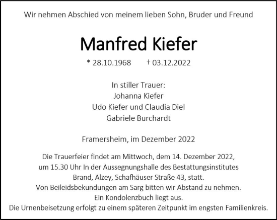 Traueranzeige von Manfred Kiefer von vrm-trauer AZ Mainz