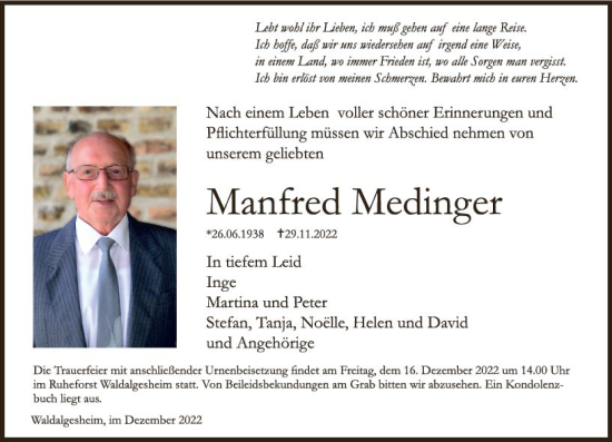 Traueranzeige von Manfred Medinger von vrm-trauer Allgemeine  Zeitung Ingelheim-Bingen