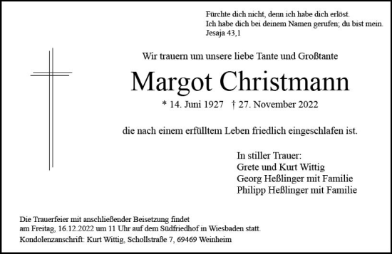 Traueranzeige von Margot Christmann von vrm-trauer Wiesbadener Kurier