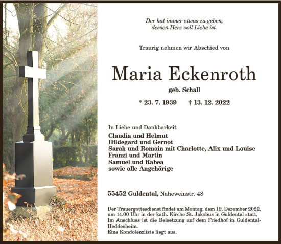 Traueranzeige von Maria Eckenroth von vrm-trauer Allg. Zeitung Bad Kreuznach