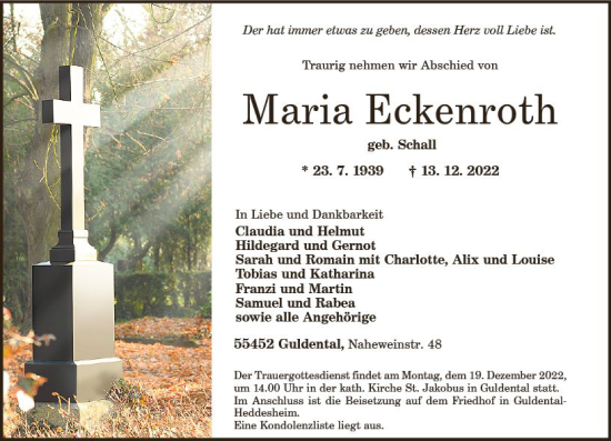 Traueranzeige von Maria Eckenroth von vrm-trauer Allg. Zeitung Bad Kreuznach